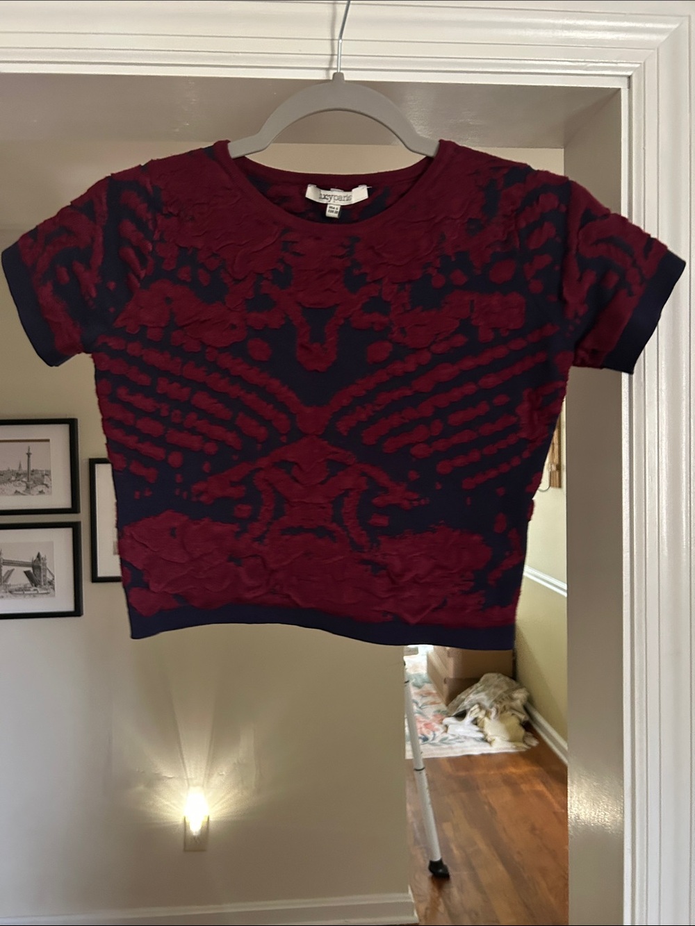 Lucy Paris Navy and Red Short-Sleeve Textured Crop Tee